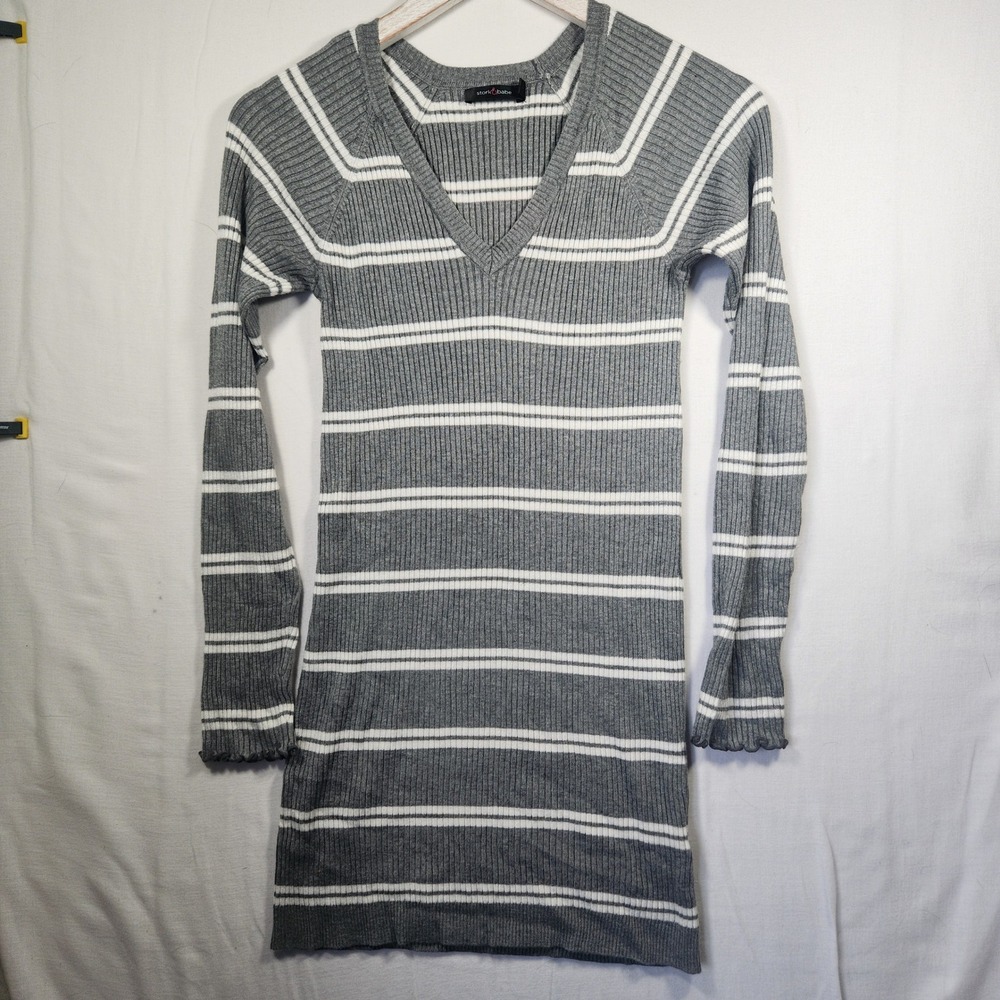 Stork & Babe Maternity Sweater Dress Grey‎ White Striped V-Neck Ribbed Knit S/P